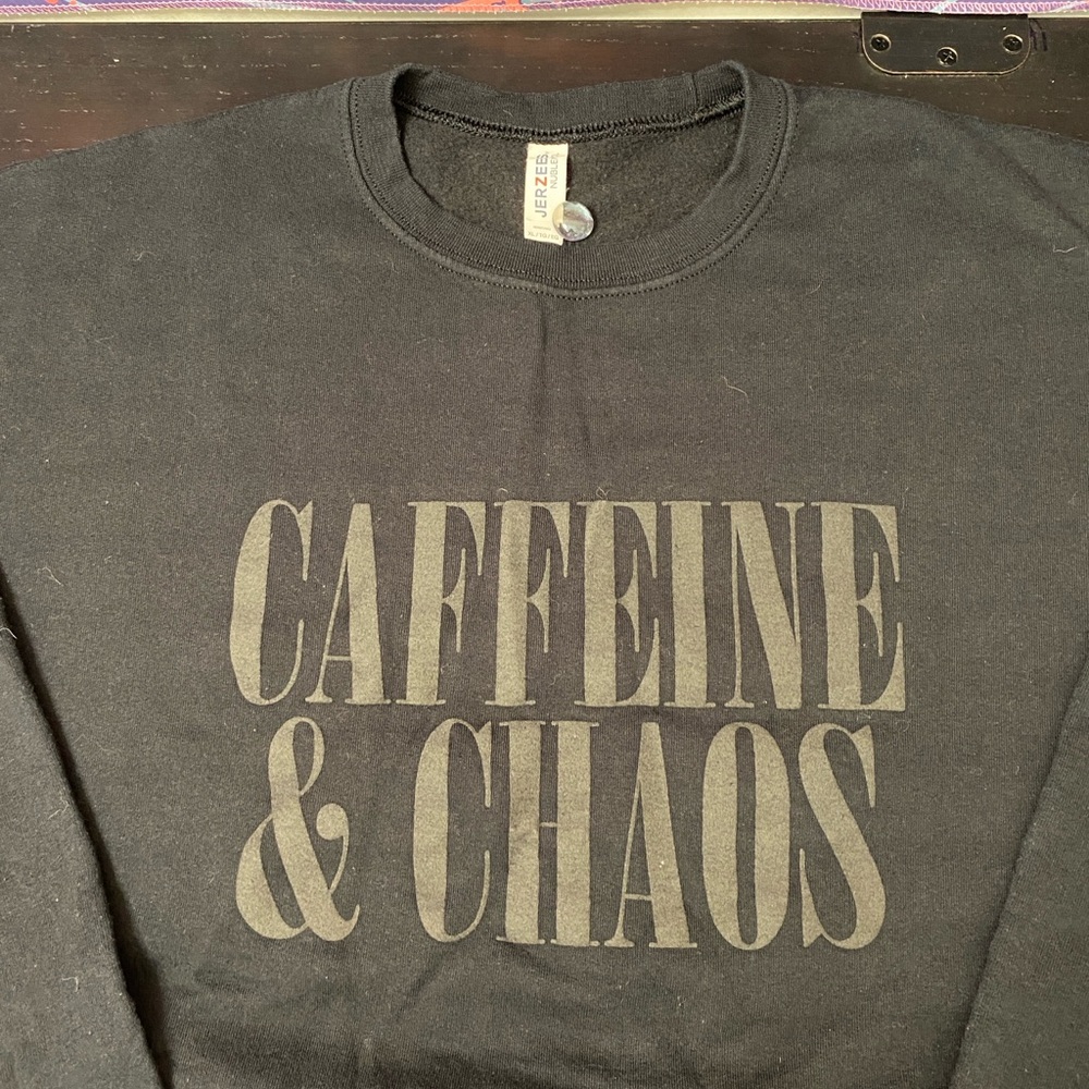 Jerzees Black Crewneck Sweatshirt with Caffeine & Chaos Graphic - Picture 2 of 6
